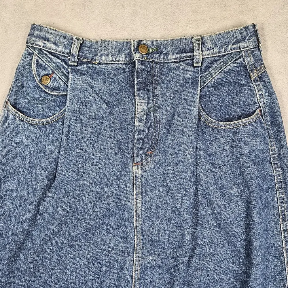 Vintage Lee Denim Skirt Womens Sz 16 Blue 80s Union Made Pleated Modest Prairie